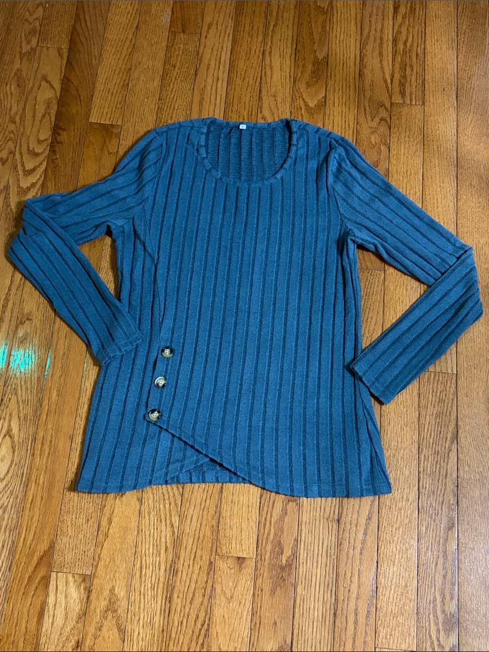 Teal Ribbed Scoop-Neck Sweater with Side Button Accent